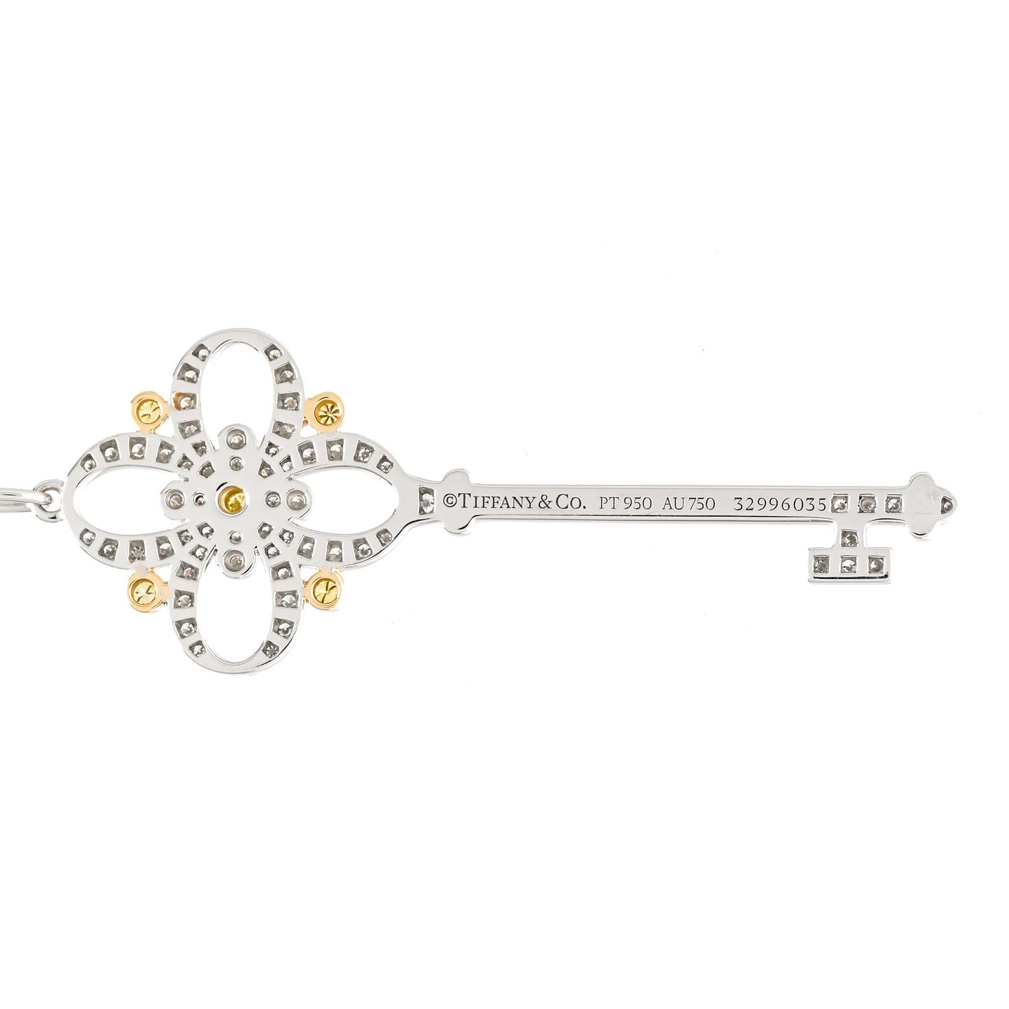 Platinum 18K Yellow Gold Diamond Floret Key Pendant Necklace