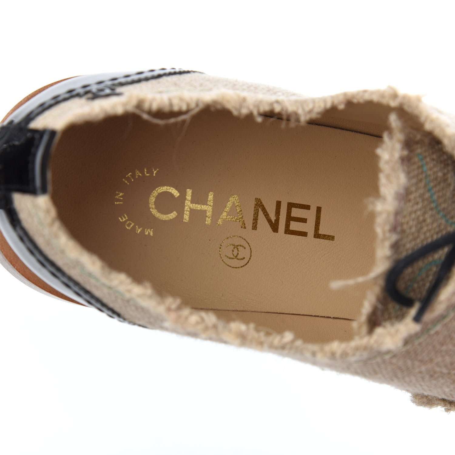 Chanel Fabric Patent Calfskin Lace Up Cap Toe Oxfords 39.5 Beige Black 14 of 18