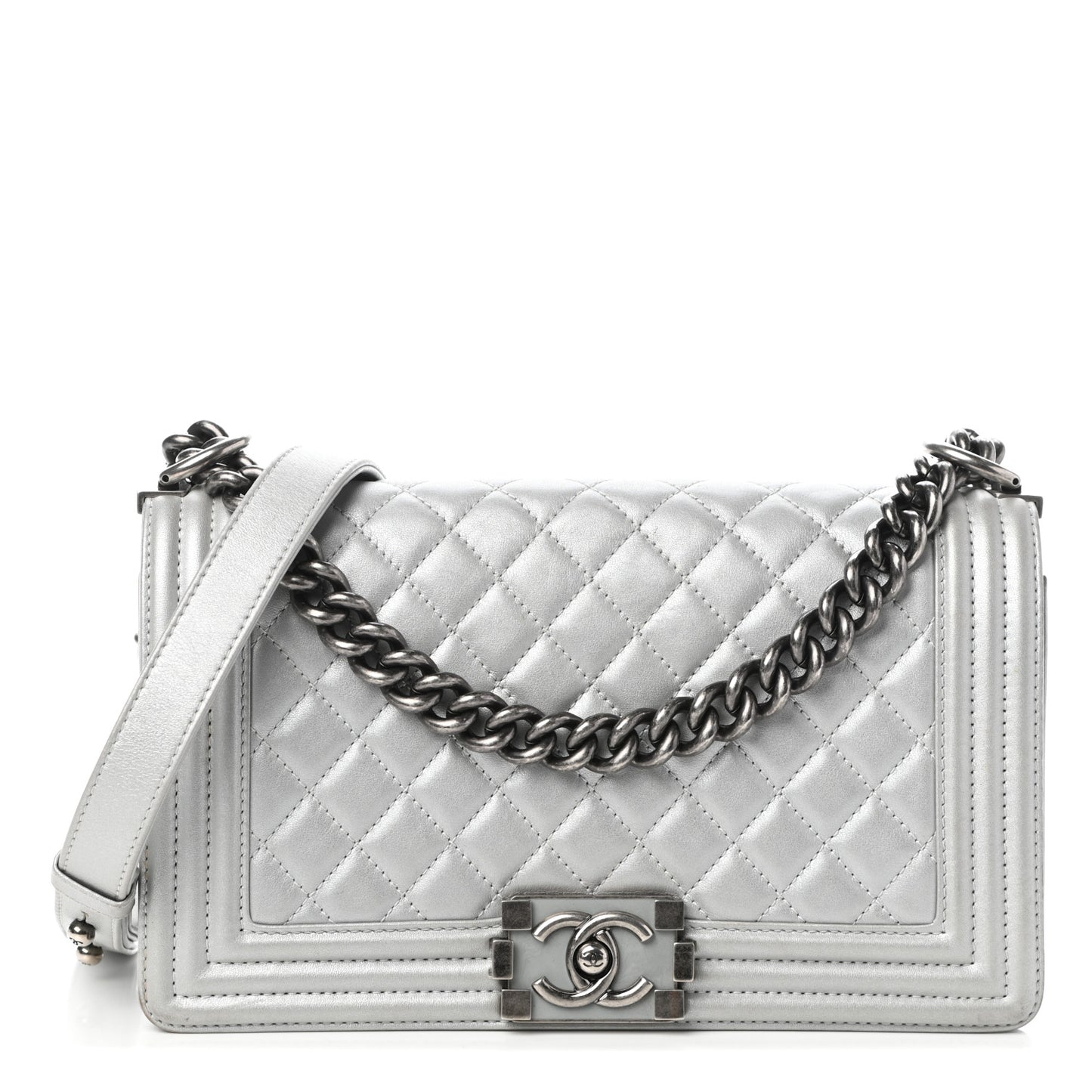 Metallic Calfskin Quilted Medium Boy Flap Silver