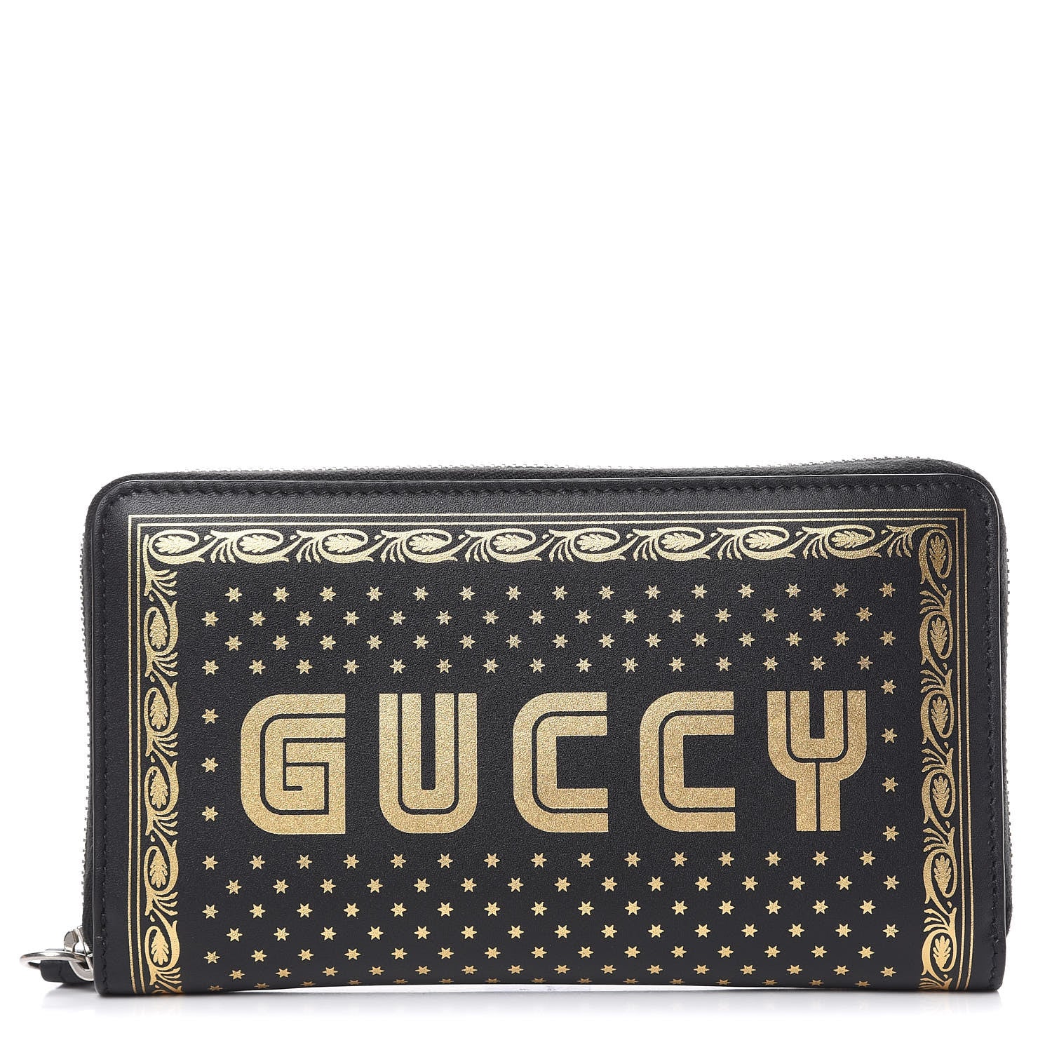 Gucci X SEGA Calfskin GUCCY Stars Zip Around Wallet Black Gold 1 of 10