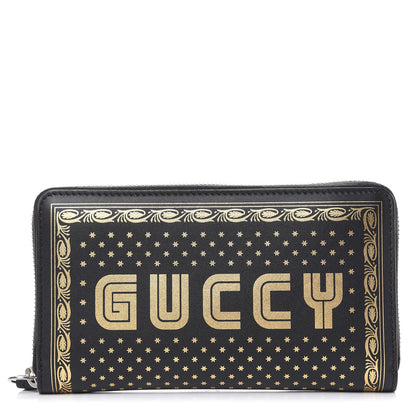 Gucci X SEGA Calfskin GUCCY Stars Zip Around Wallet Black Gold 1 of 10