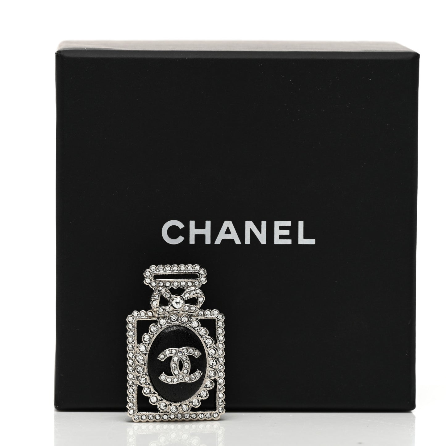 Crystal CC Perfume Bottle Brooch Black Silver