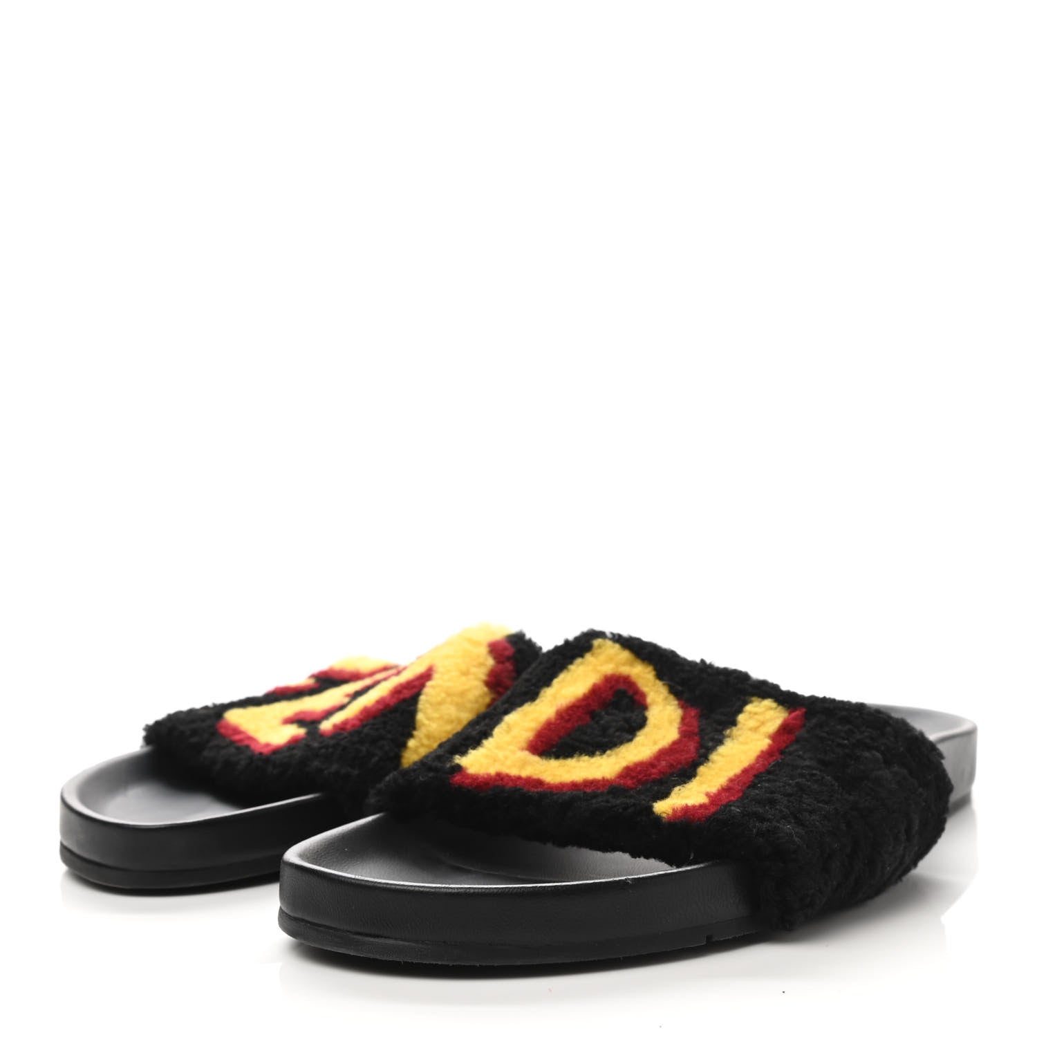 Fendi Shearling Logo Mens Slide Sandals 8 Black Giallo Ribes 3 of 8