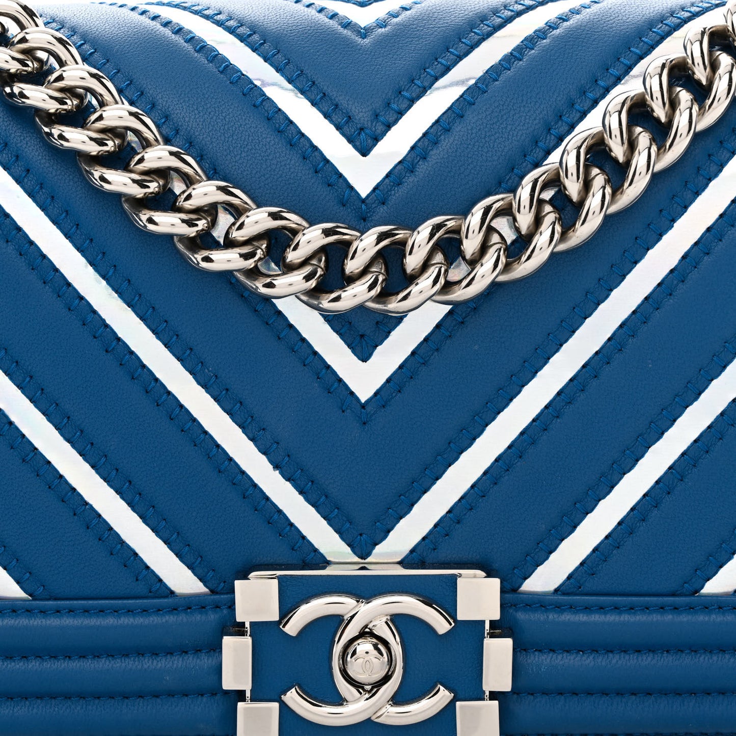 Lambskin Iridescent PVC Chevron Quilted Medium Boy Flap Blue Silver