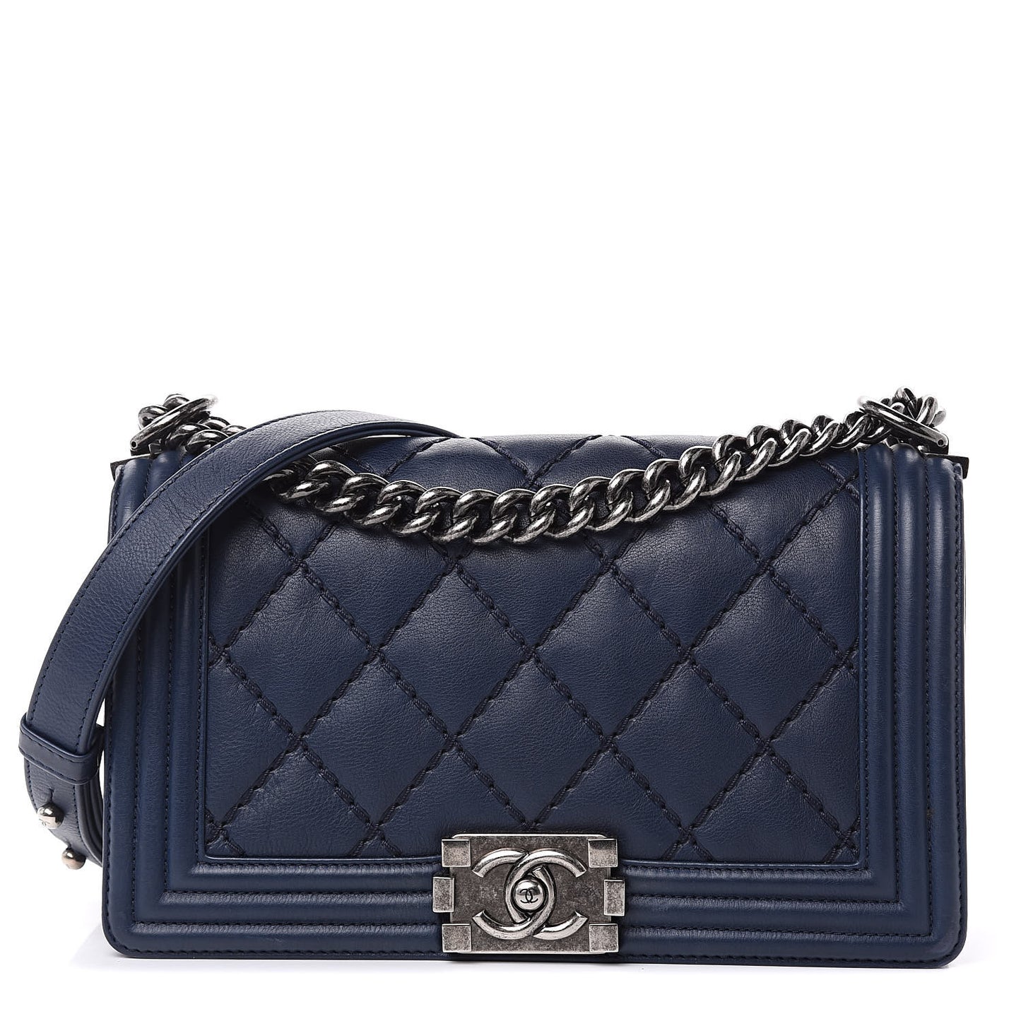 Calfskin Double Stitch Medium Boy Flap Marine