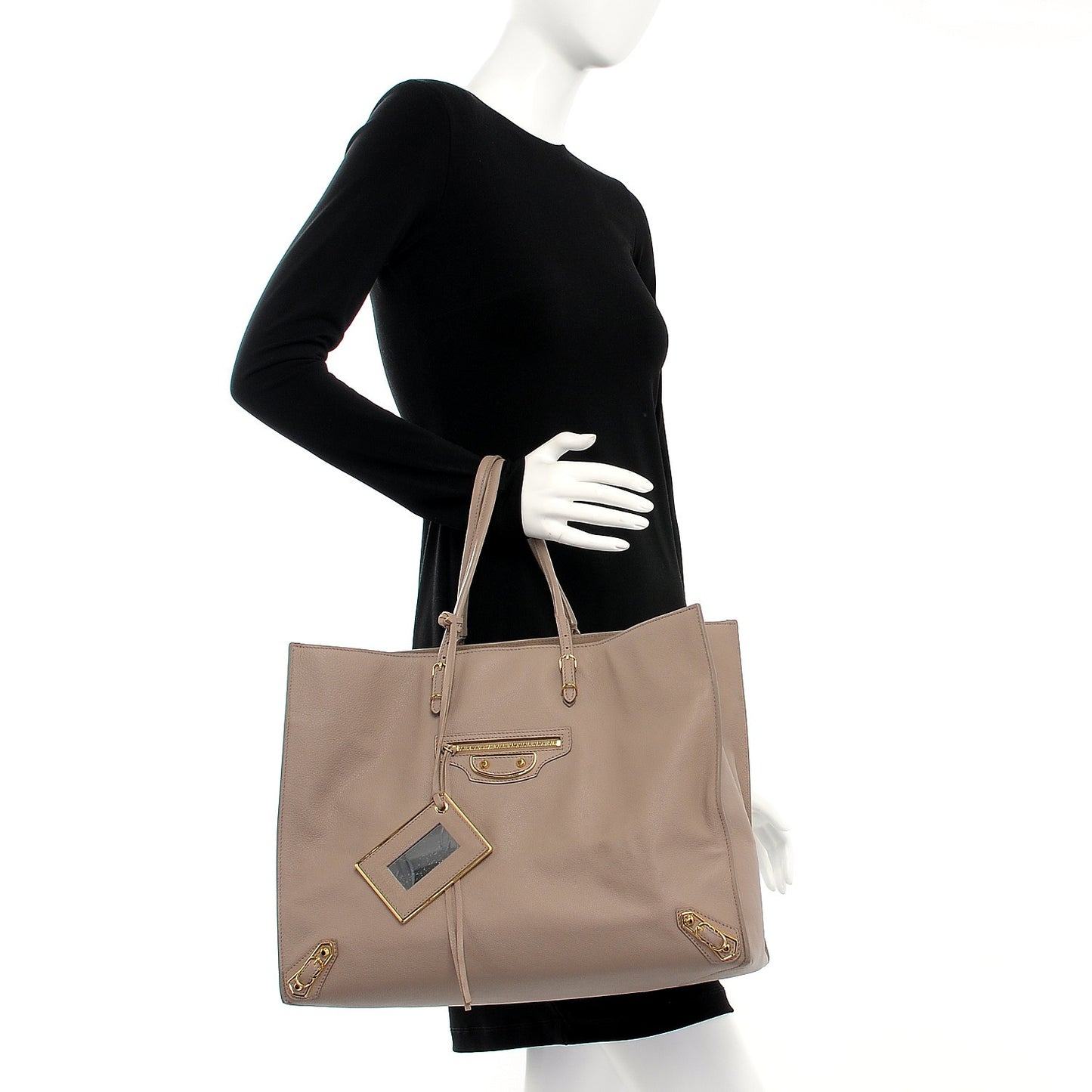 Grained Calfskin Gold Metallic Edge Hardware Papier A4 Tote Beige