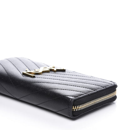 Saint Laurent Grain De Poudre Matelasse Chevron Monogram Zip Around Wallet Black 6 of 9