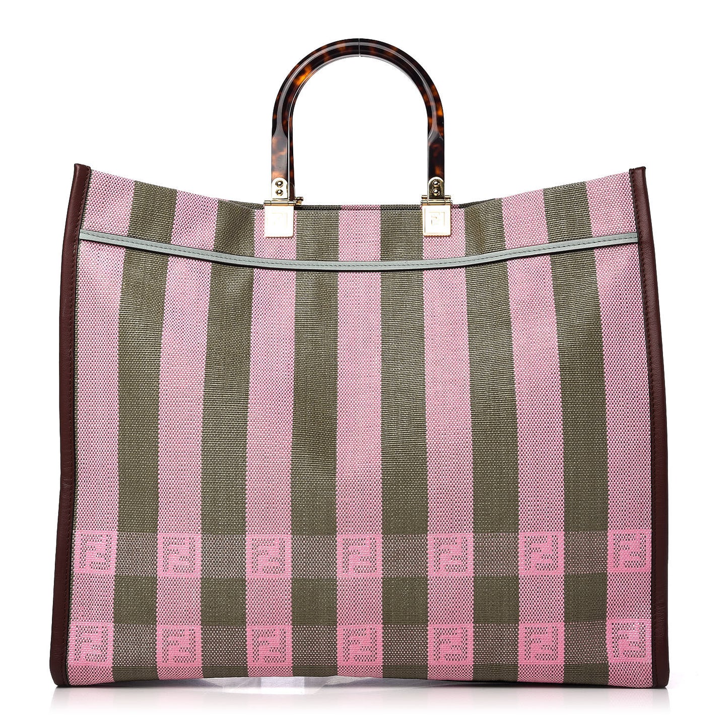 Raffia Vitello Seta Plexiglass Pequin Gingham Woven Large Fendi Sunshine Shopper Tote Military Rosa