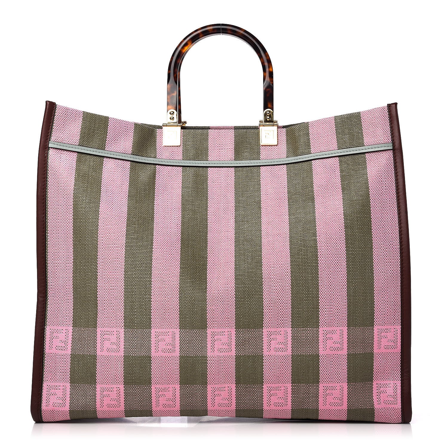 Fendi Raffia Vitello Seta Plexiglass Pequin Gingham Woven Large Fendi Sunshine Shopper Tote Military Rosa 1 of 10