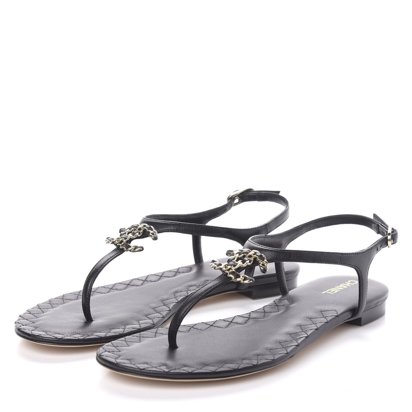 Lambskin Chain CC Logo Thong Sandals 37 Black