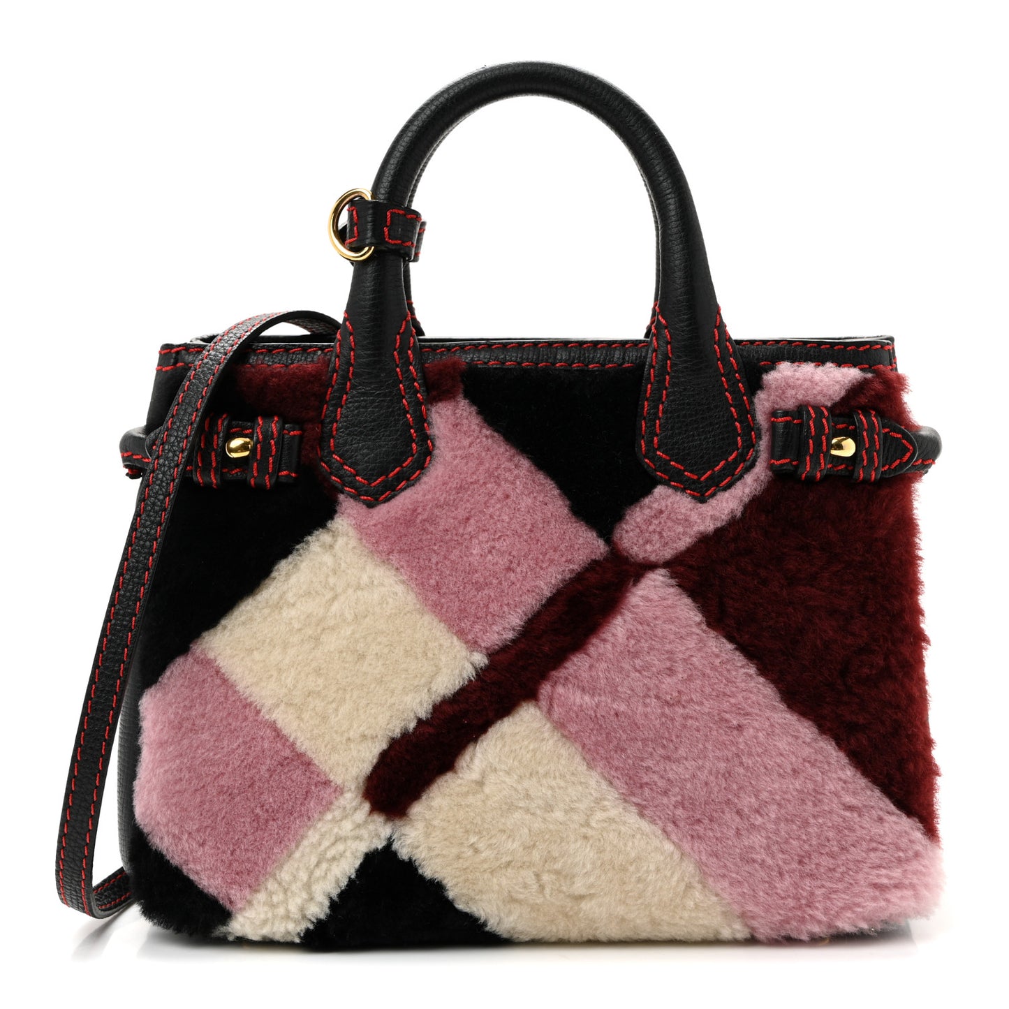 Shearling Calfskin Patchwork Small Banner Tote Black Multicolor