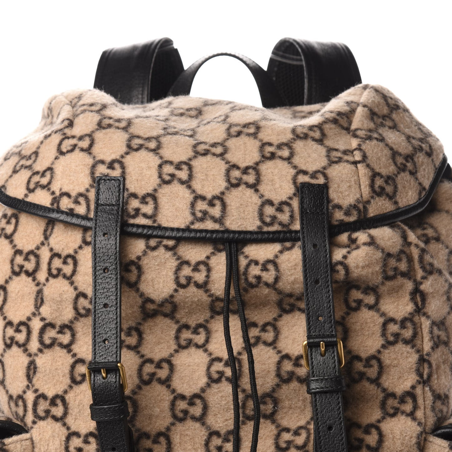 Covered Wool GG Monogram Large Double Buckle Backpack Beige Ebony Black