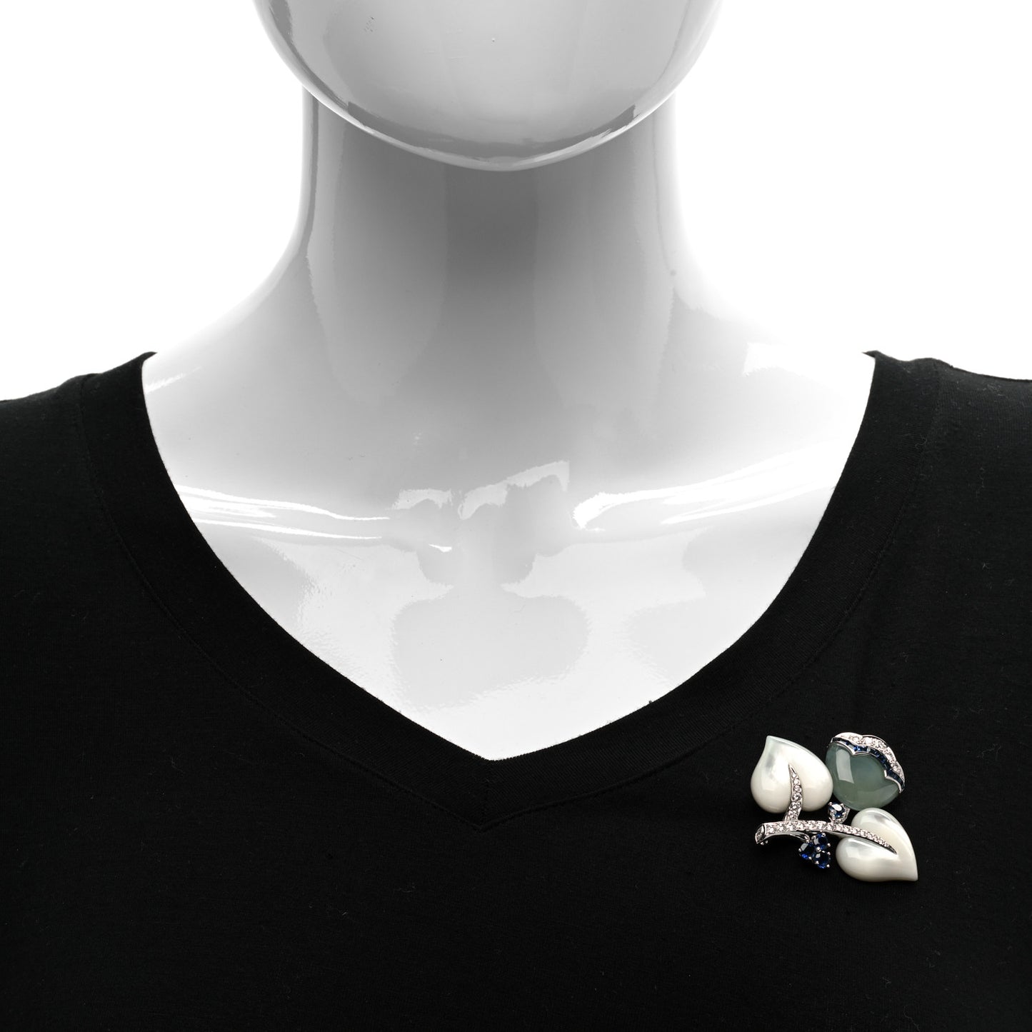 18K White Gold Diamond Mother of Pearl Aquamarine Sapphire Tulip Brooch Pin