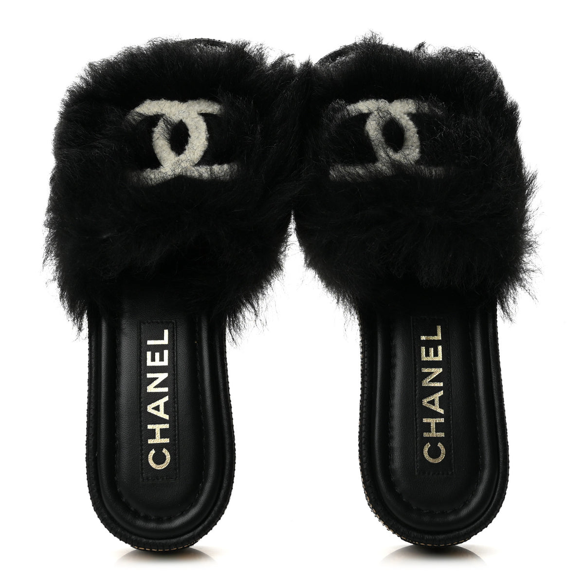 Shearling Lambskin CC Mules Sandal 37 Black White
