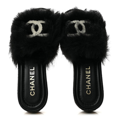 Chanel Shearling Lambskin CC Mules Sandal 37 Black White 2 of 10