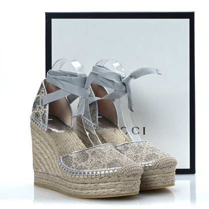 Gucci Lame GG Monogram Ankle Wrap Platform Espadrille Wedges 39 Silver Beige Light Grey 12 of 12