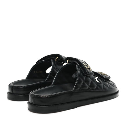 Chanel Lambskin Quilted Velcro Dad Chain CC Slide Sandals 37 Black 5 of 10