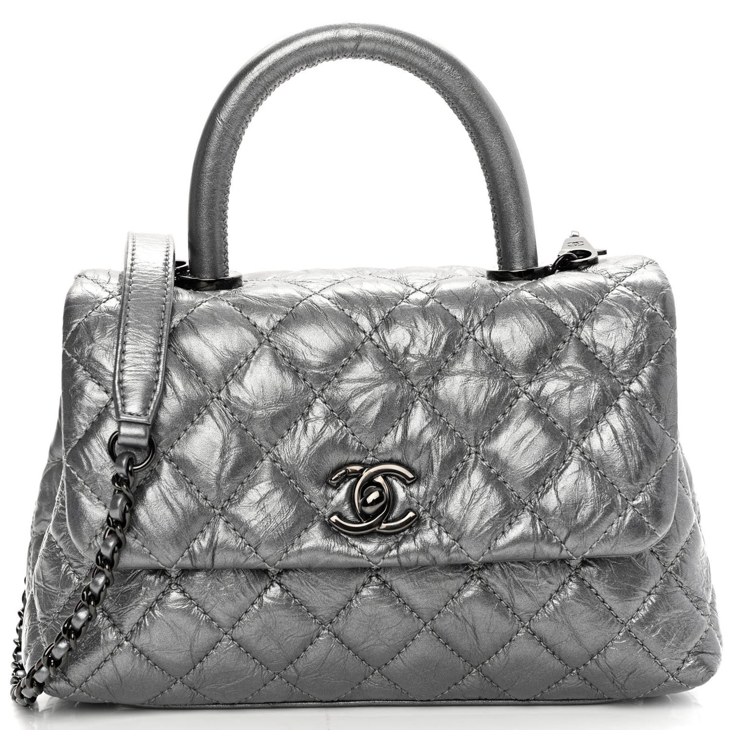 Metallic Aged Calfskin Quilted Mini Coco Handle Flap Charcoal