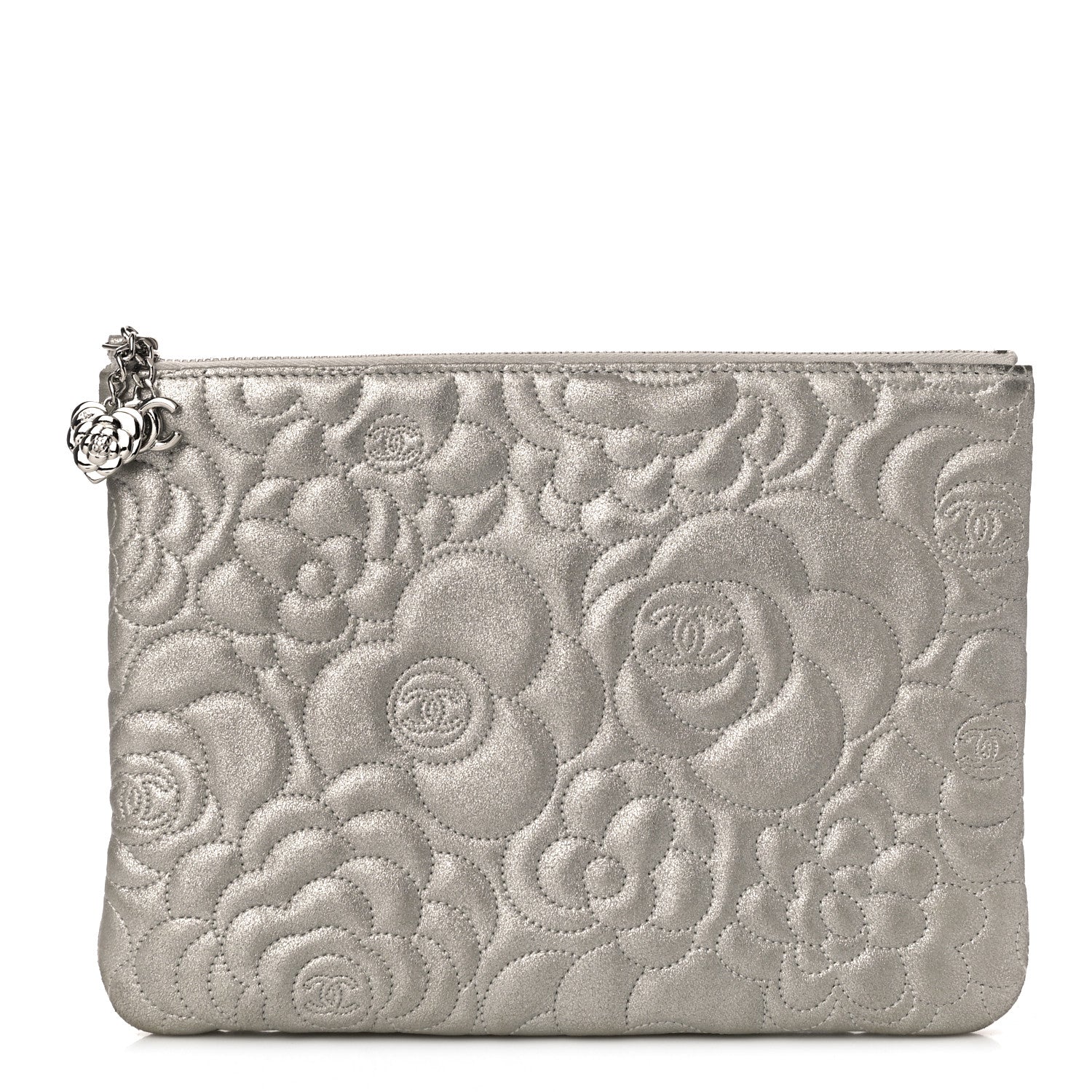 Chanel Goatskin Camellia Stitched Medium Cosmetic Case Silver 1 of 11