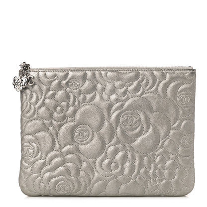 Chanel Goatskin Camellia Stitched Medium Cosmetic Case Silver 1 of 11