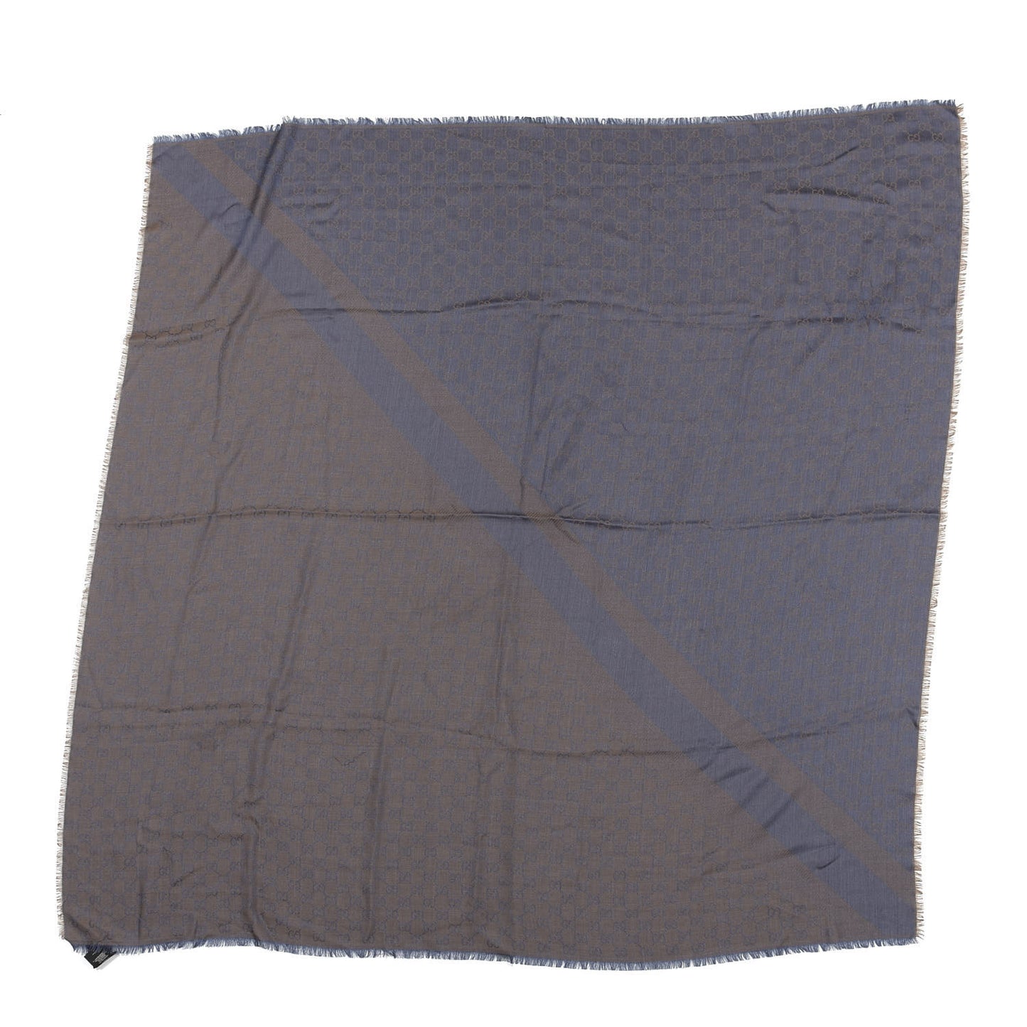 Wool Silk Monogram GGWeb Fringe Shawl Taupe Sky Blue