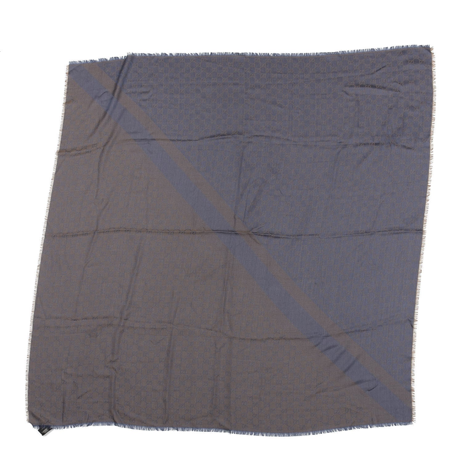 Gucci Wool Silk Monogram GGWeb Fringe Shawl Taupe Sky Blue 1 of 3