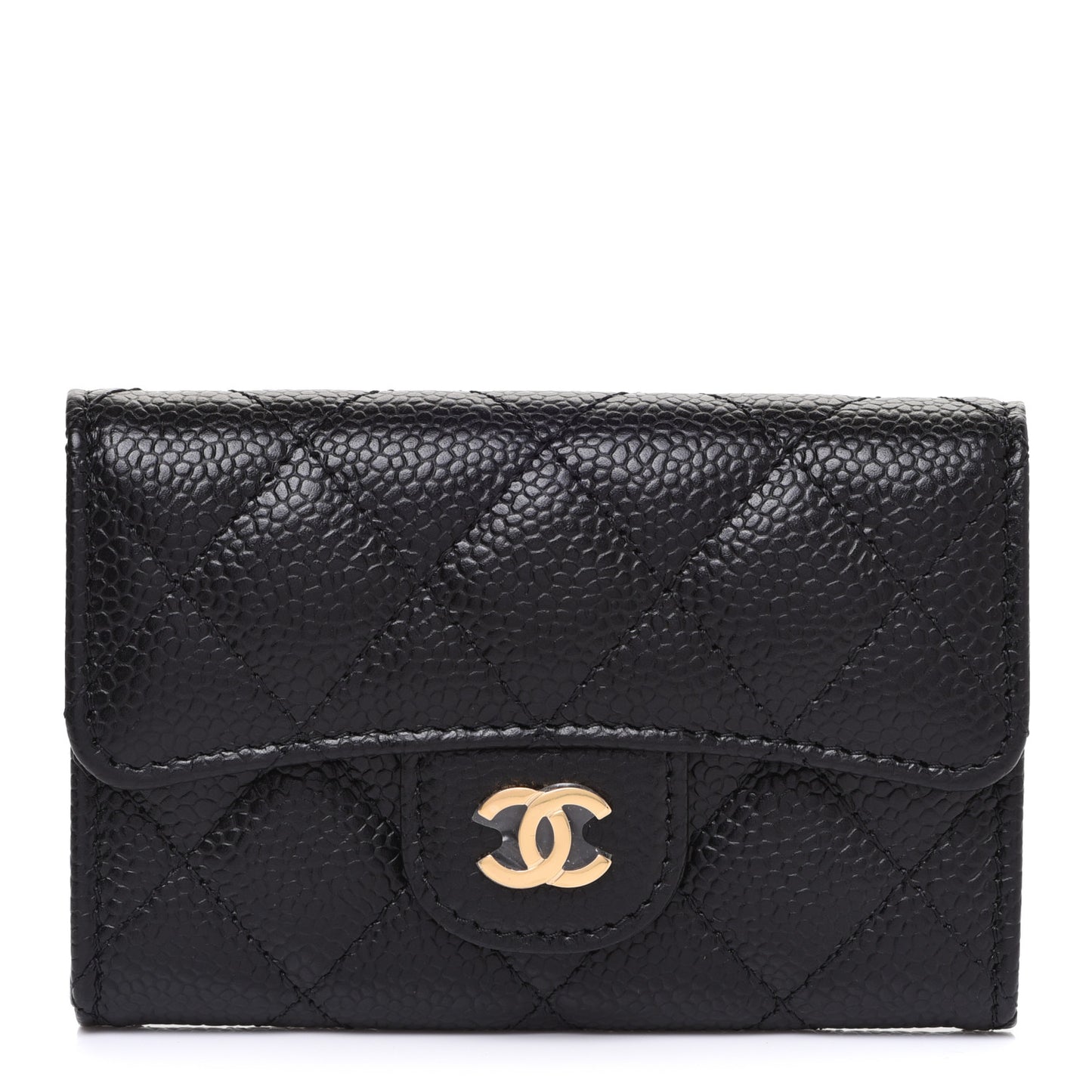 Caviar Quilted Flap Card Holder Wallet Black