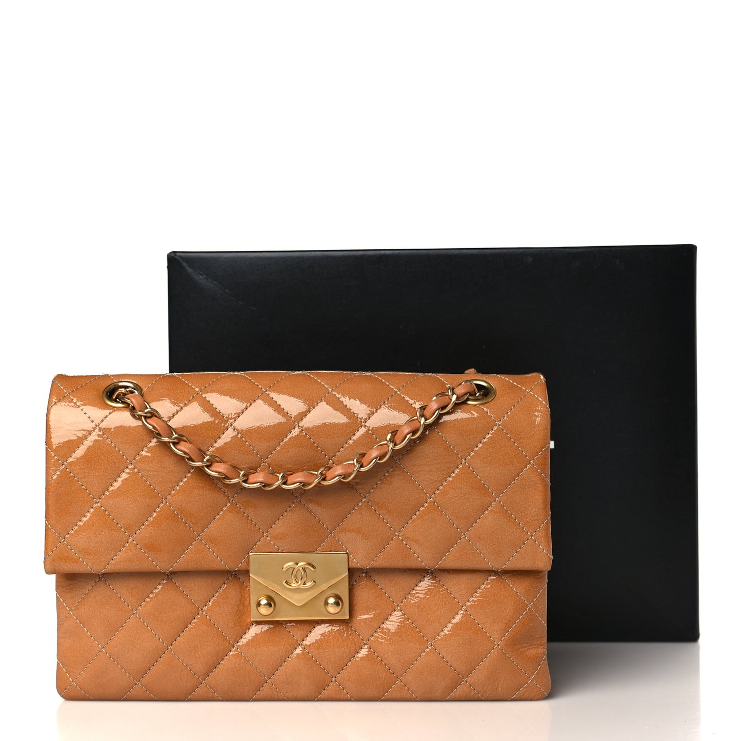 Patent Goatskin Quilted Small 3 Pocket Accordion Flap Brown