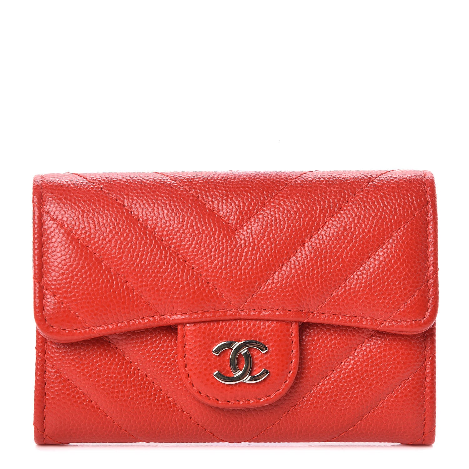 Chanel Caviar Chevron Quilted Card Holder Wallet Red 1 of 9