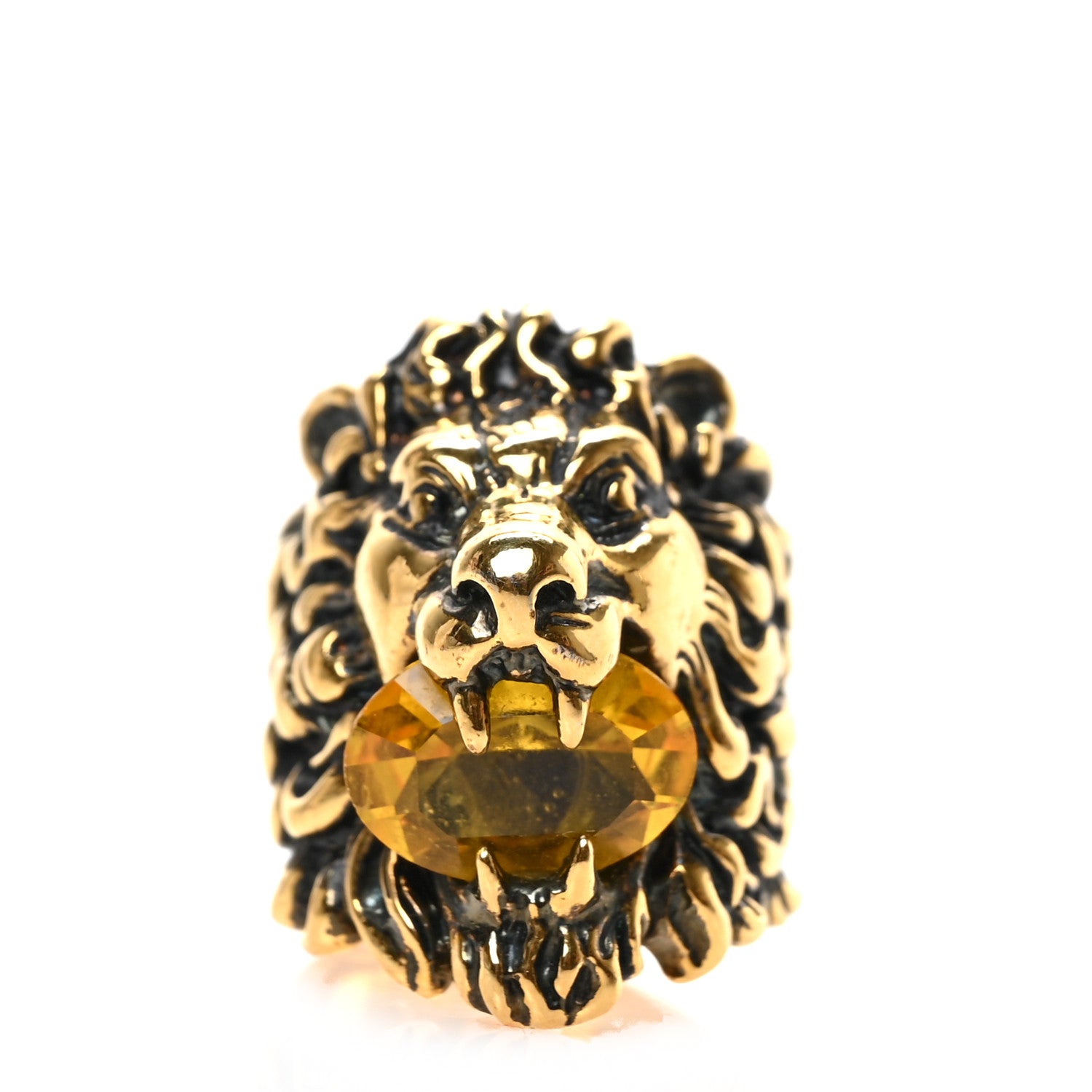 Gucci Metal Lion Head Ring 56/7.5 Aged Gold 1 of 4