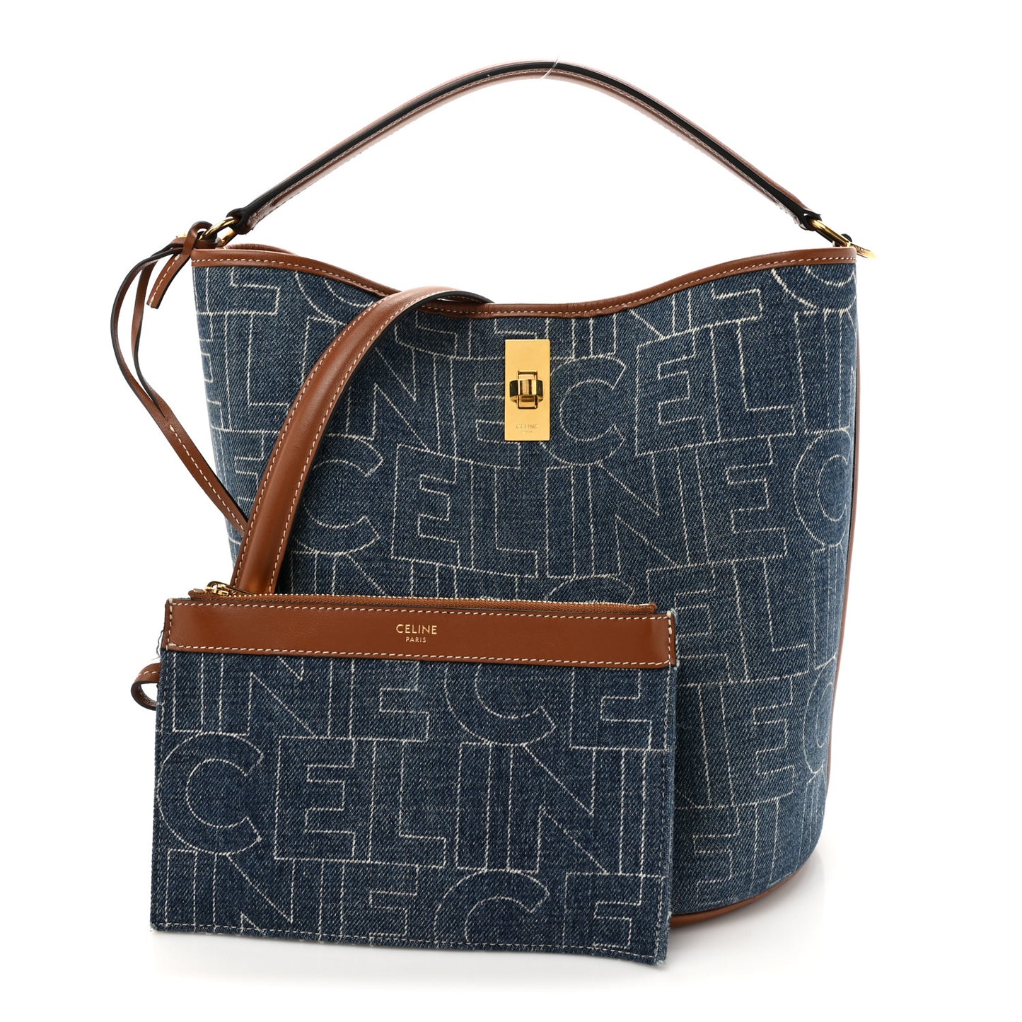 Denim Calfskin Logo Bucket 16 Bag Blue
