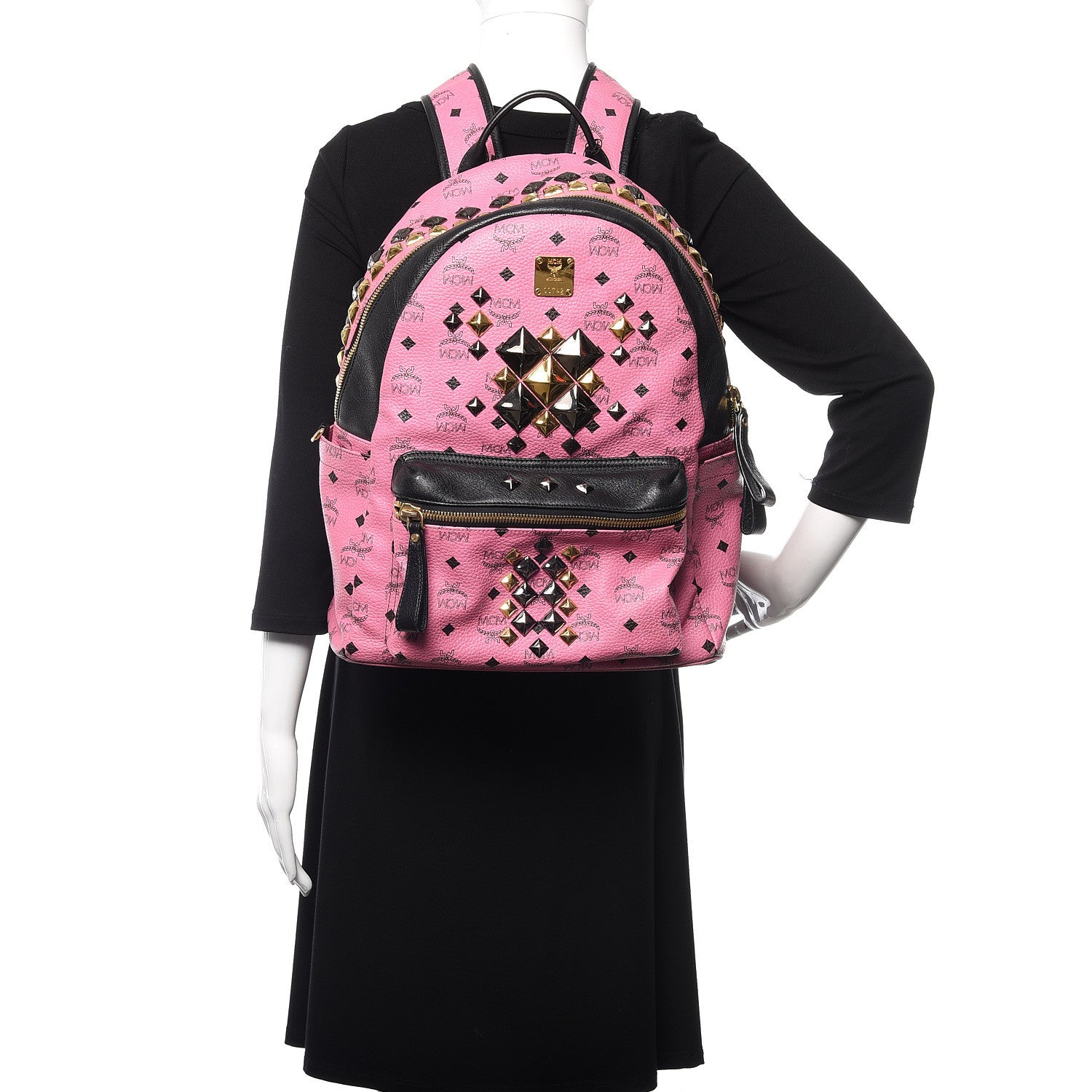 MCM Visetos Studded Colorblock Stark Brock Backpack Pink Black 2 of 16