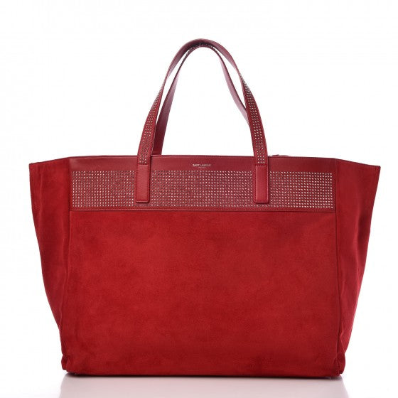 Saint Laurent Calfskin Suede Stud Reversible Shopper Tote Red 2 of 19
