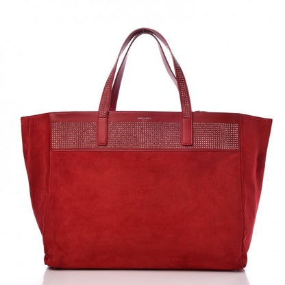 Saint Laurent Calfskin Suede Stud Reversible Shopper Tote Red 2 of 19