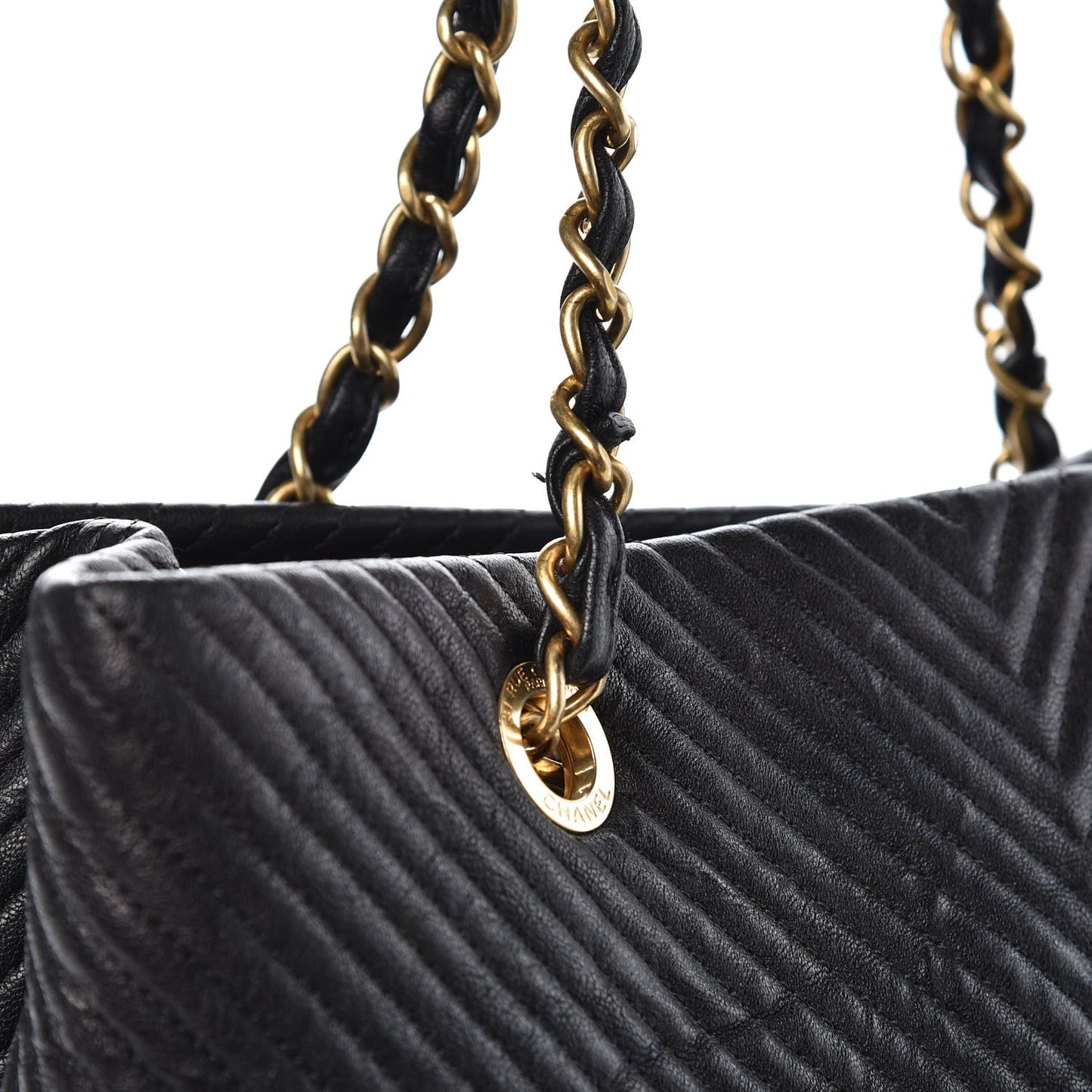 Wrinkled Lambskin Chevron Quilted Large Surpique Tote Black