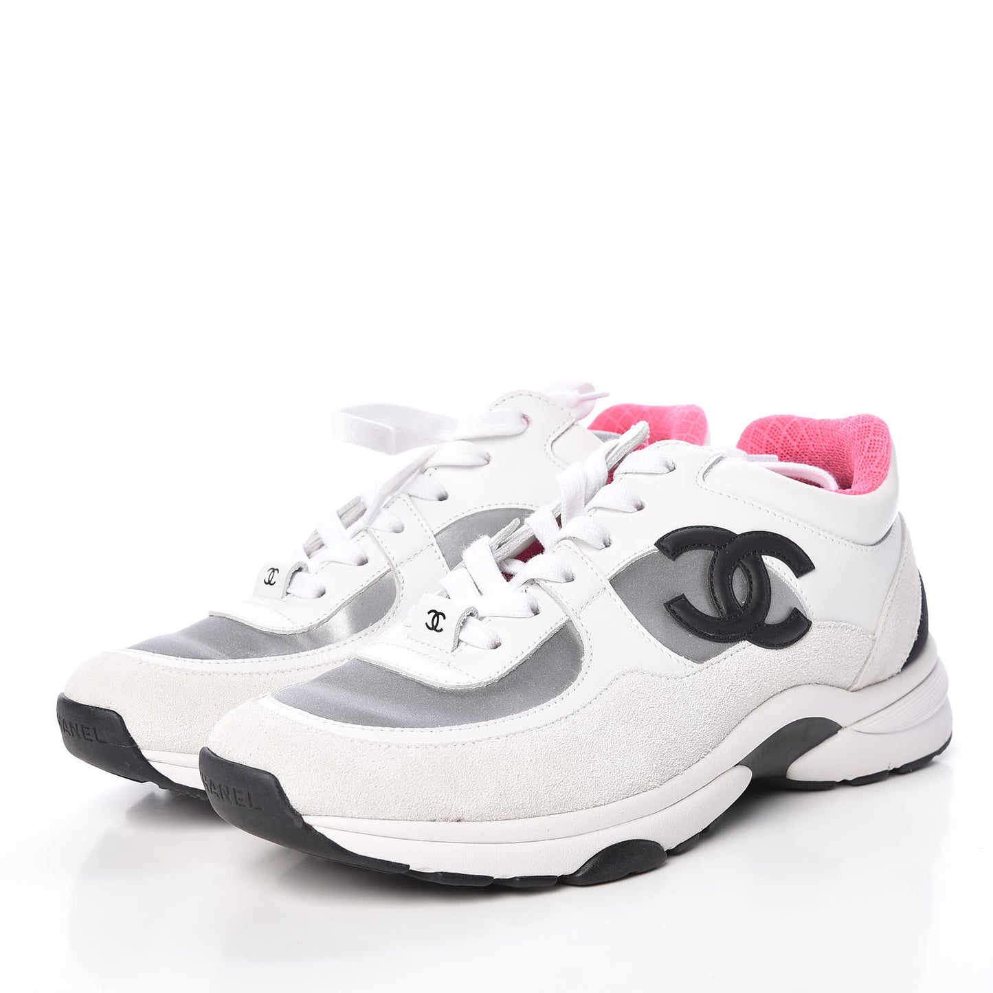 Calfskin Fabric Sneakers 38 White Silver Fluo Pink