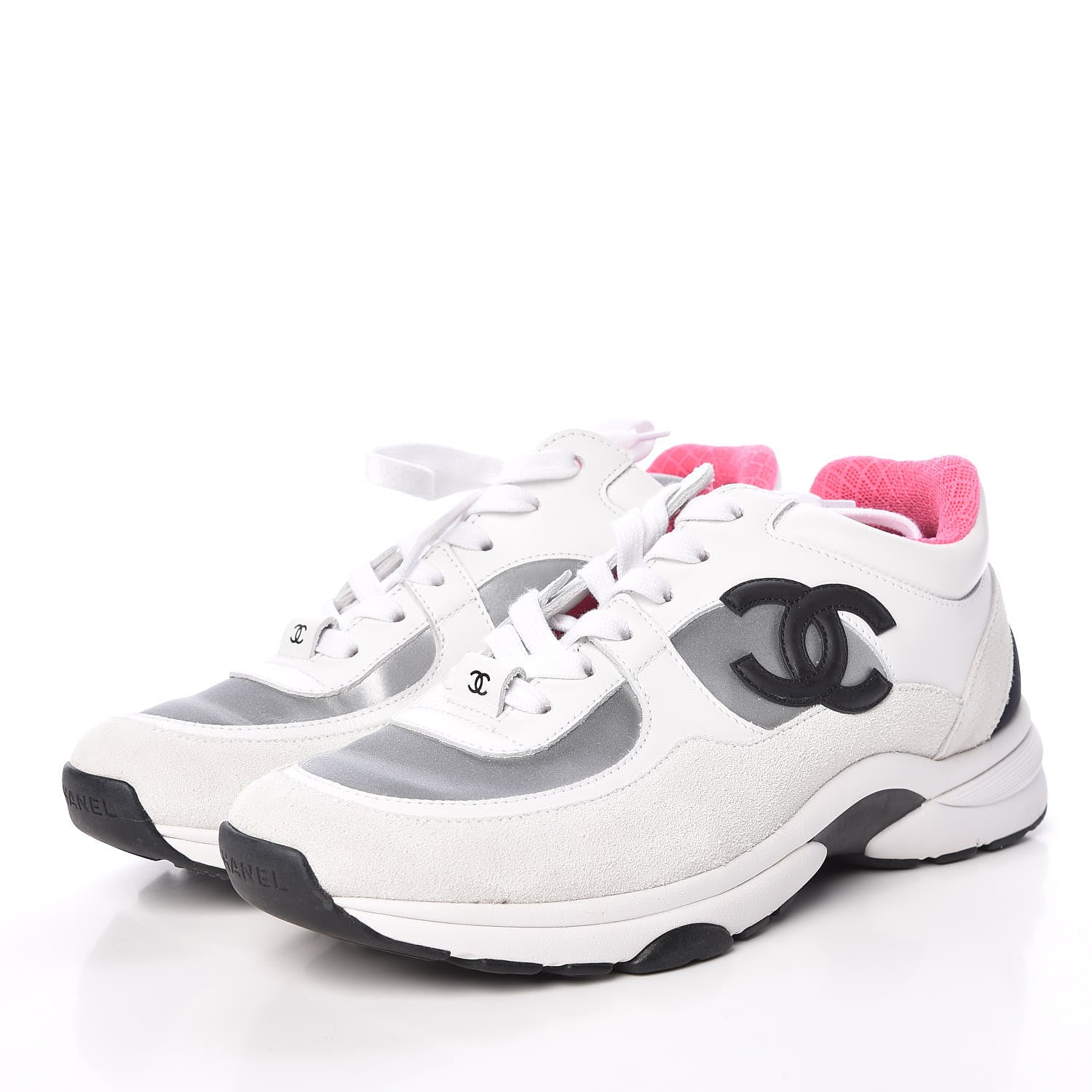 Chanel Calfskin Fabric Sneakers 38 White Silver Fluo Pink 3 of 11