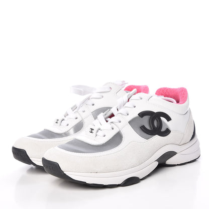 Chanel Calfskin Fabric Sneakers 38 White Silver Fluo Pink 3 of 11