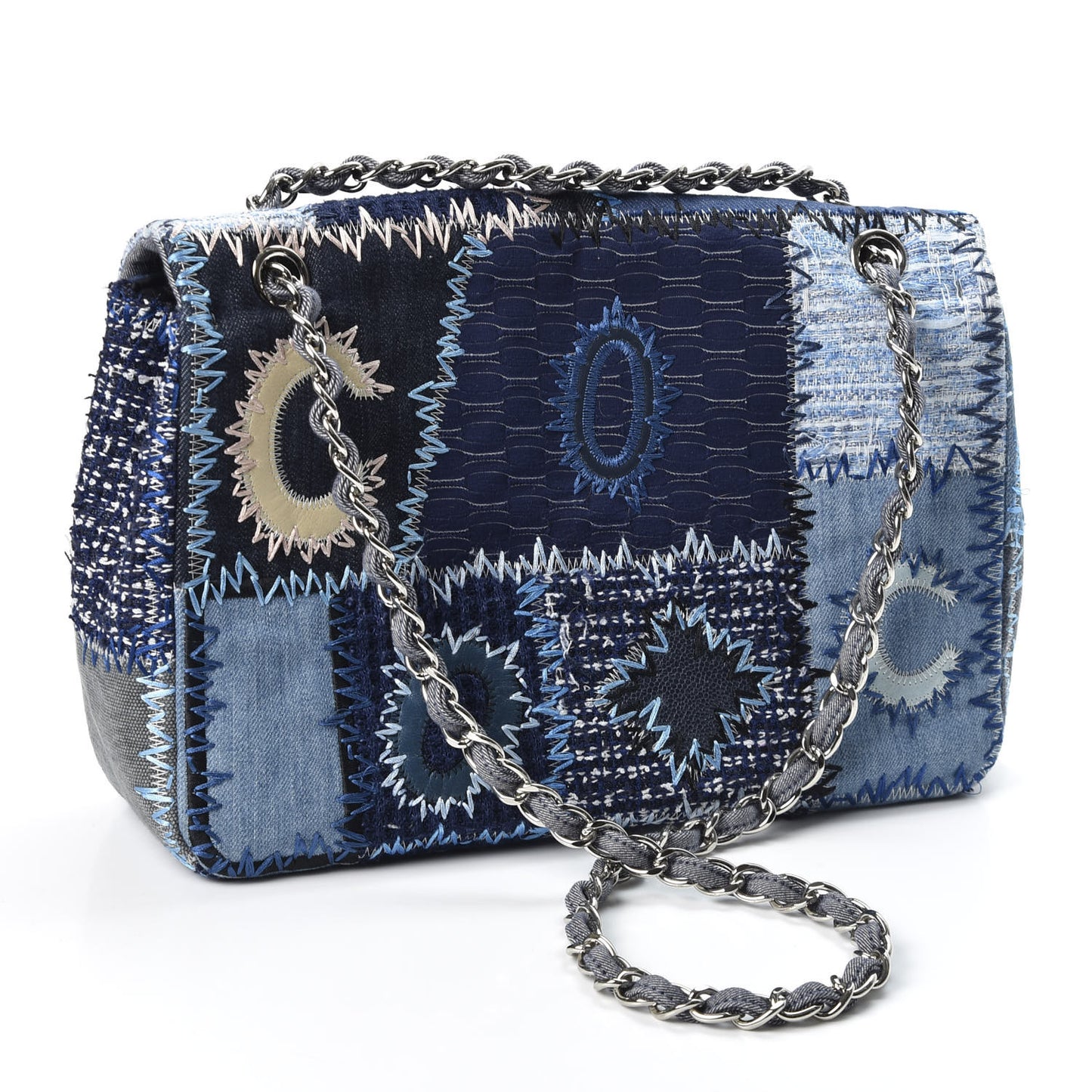 Denim Tweed Patchwork Jumbo Single Flap Blue