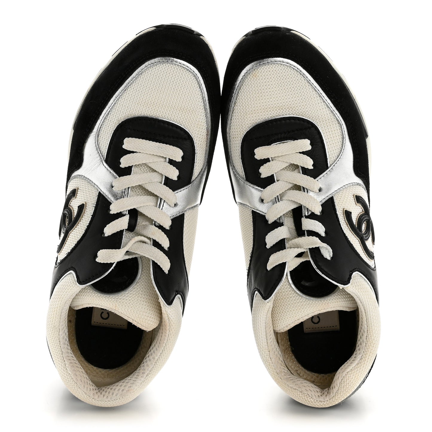 Mesh Suede Calfskin Grained Calfskin Womens CC Sneakers 38 Black White Silver