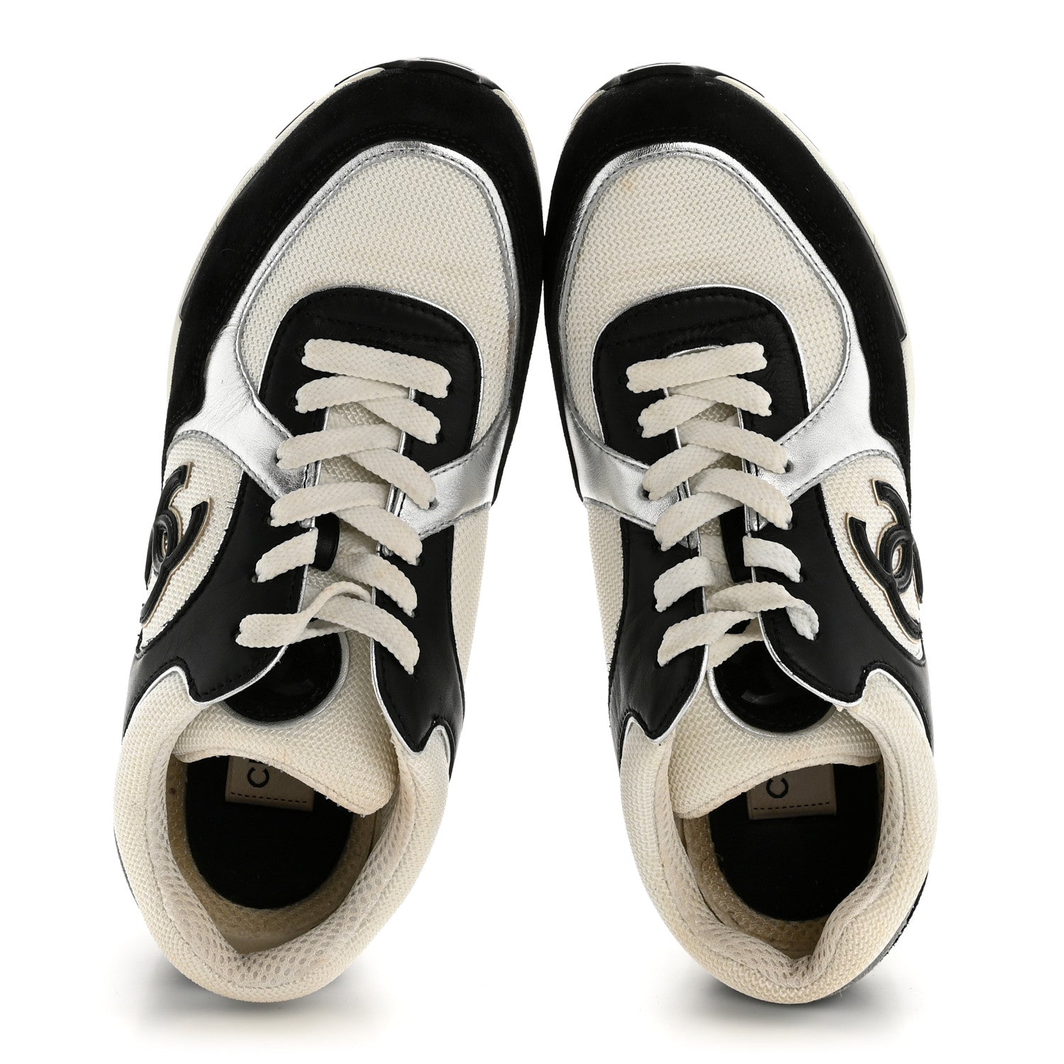 Chanel Mesh Suede Calfskin Grained Calfskin Womens CC Sneakers 38 Black White Silver 2 of 12