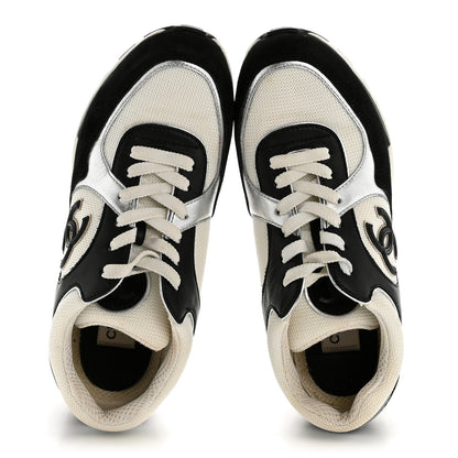 Chanel Mesh Suede Calfskin Grained Calfskin Womens CC Sneakers 38 Black White Silver 2 of 12