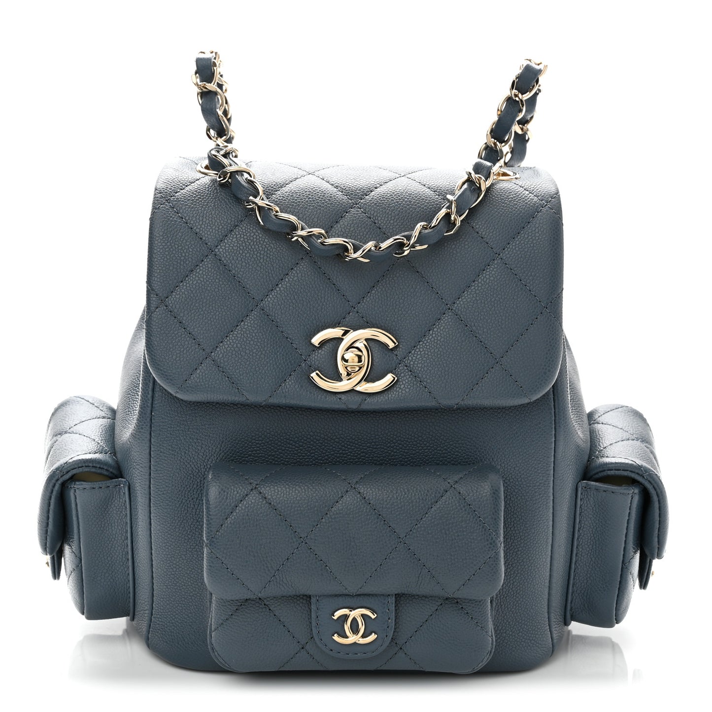 Shiny Caviar Quilted Small Duma Pockets Drawstring Backpack Blue