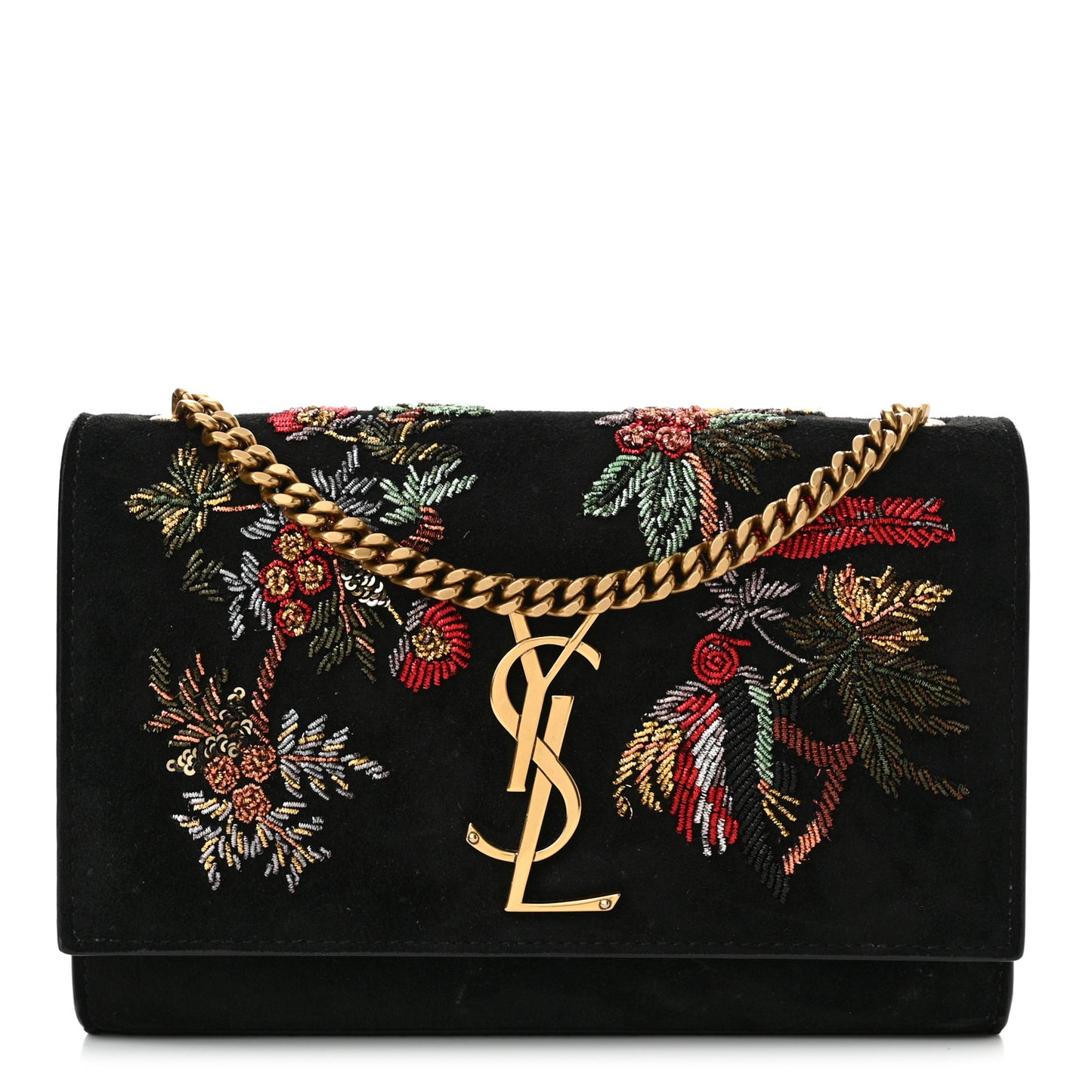 Suede Embroidered Birds Monogram Chain Wallet Black