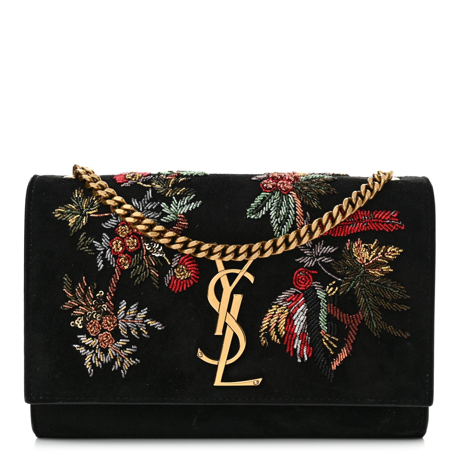 Saint Laurent Suede Embroidered Birds Monogram Chain Wallet Black 1 of 17
