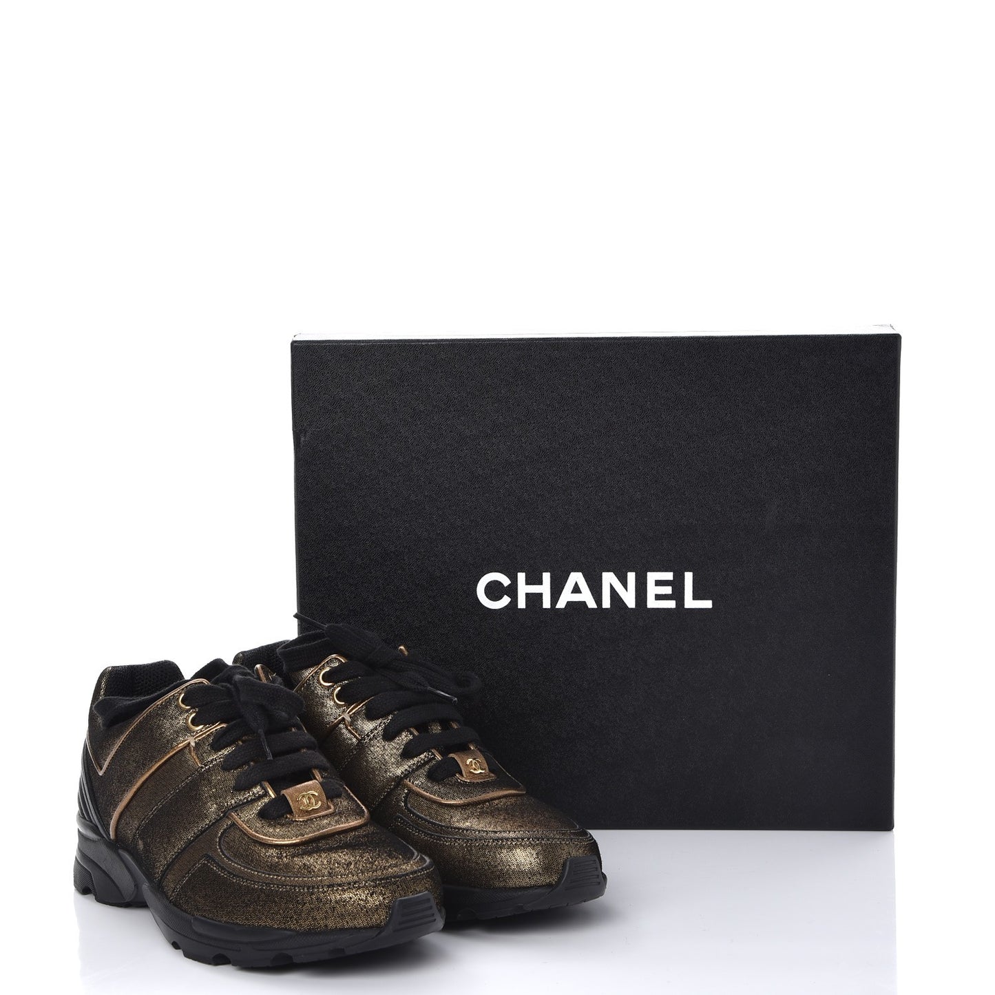 Metallic Fabric Calfskin Womens CC Sneakers 36 Golden Brown