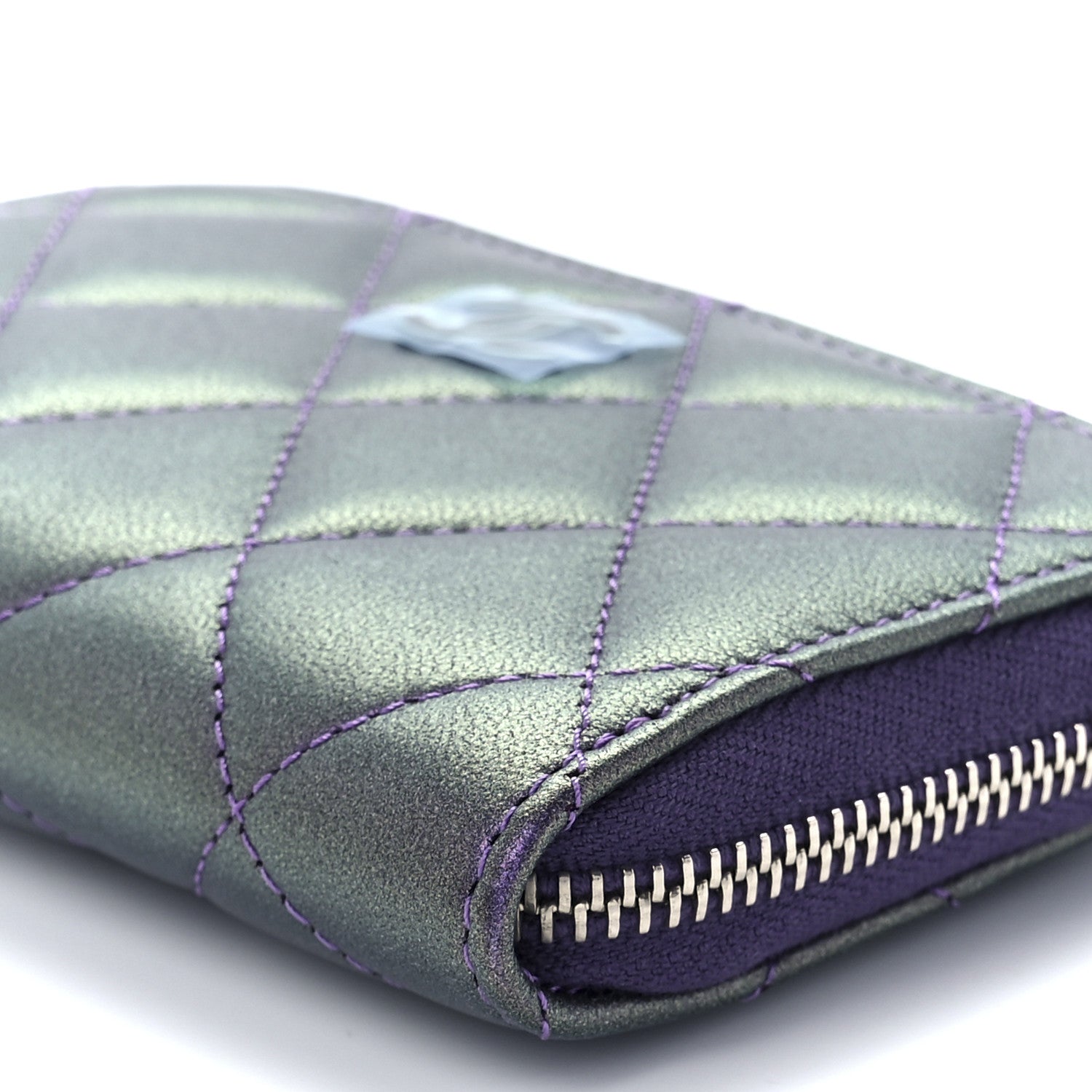 Chanel Metallic Lambskin Quilted Zip Around Coin Purse Wallet Dark Purple 11 of 12