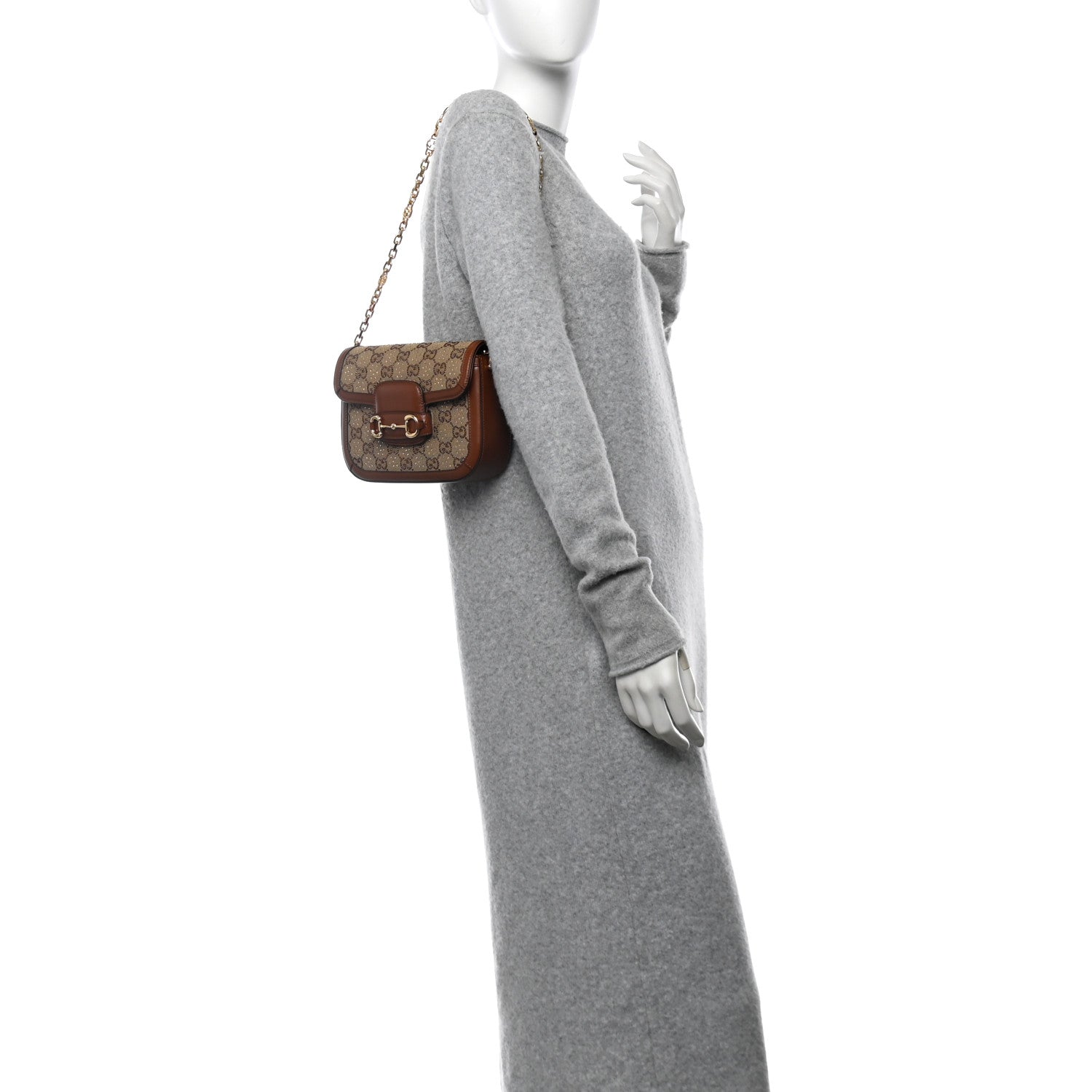 Gucci New Canvas Charisma Calfskin Crystal GG Monogram Mini Horsebit 1955 Shoulder Bag Camel Ebony 2 of 10