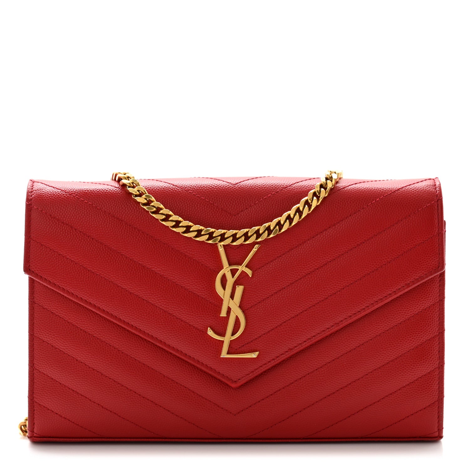 Saint Laurent Grain De Poudre Matelasse Chevron Monogram Chain Wallet Red 1 of 14
