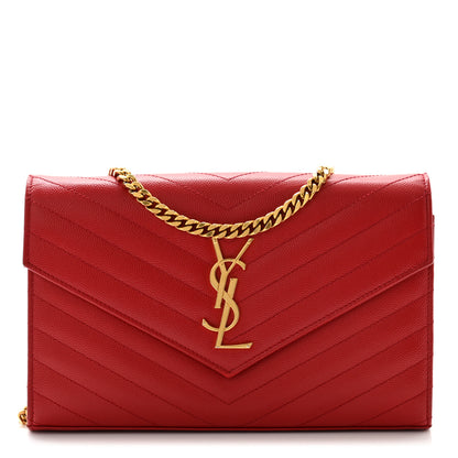 Saint Laurent Grain De Poudre Matelasse Chevron Monogram Chain Wallet Red 1 of 14